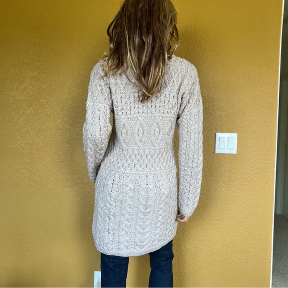 Inis Crafts Merino Wool Long Full-Zip Tunic Cardigan Sweater Beige - Picture 10 of 12